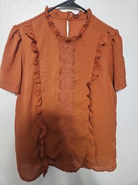 Ruffled Crochet-Trim Blouse in Rust - Women Tops